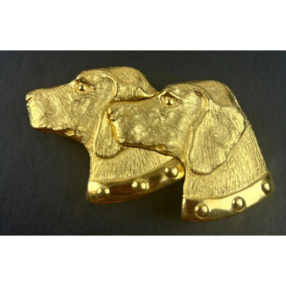 Vintage Double Dog Head Labrador Paquette Belt Buckle Gold Tone Signed 2 Piece - Picture 1 of 14